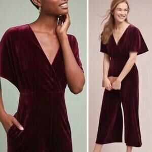 Anthropologie Greylin Womens Luna Burgundy Velvet Wide Leg Jumpsuit Small